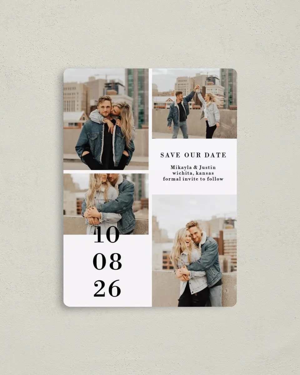 This is a 4" x 5½" Save the Date Magnet called Stacked Devotion printed in full color with Rose Gold foil and a Luxe Satin finish