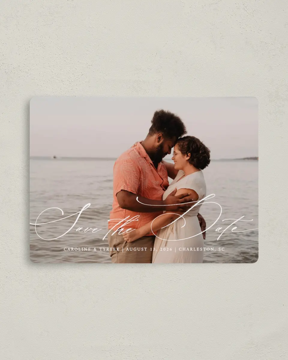 This is a 4" x 5½" Save the Date Magnet called Scripted Romance printed in full color with a Luxe Satin finish