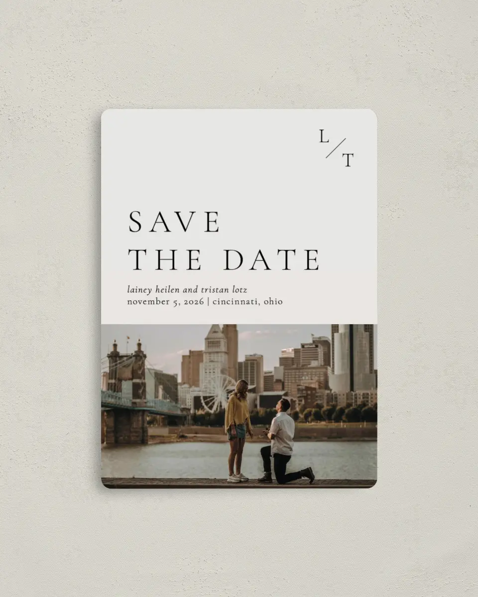This is a 4" x 5½" Save the Date Magnet called Together Always printed in full color with a Luxe Satin finish