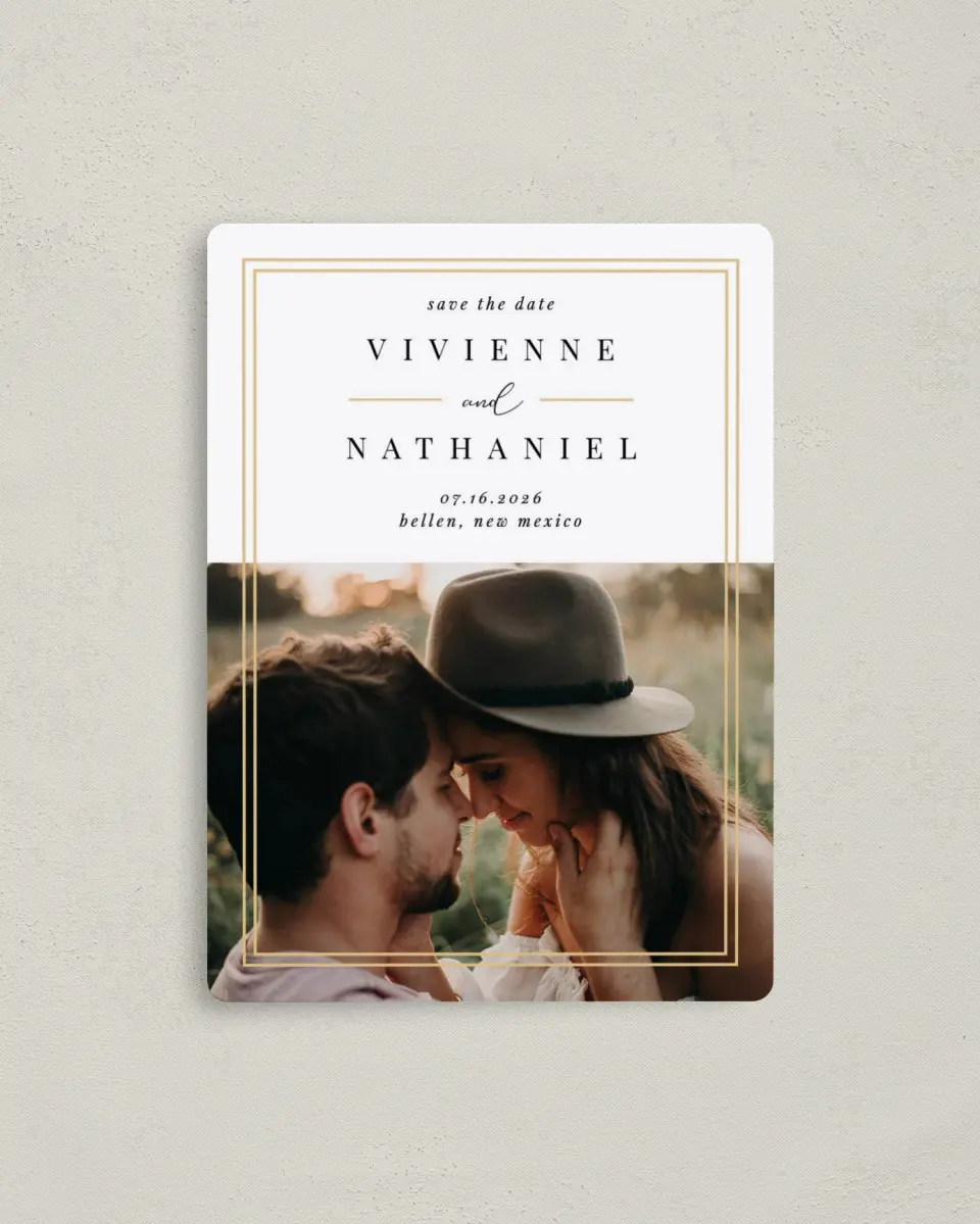 This is a 4" x 5½" Save the Date Magnet called Delicate Frame printed in full color with a Luxe Satin finish