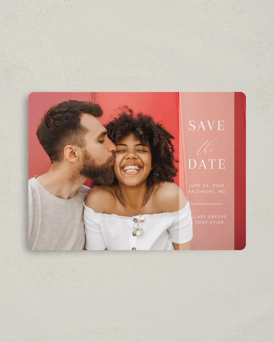 This is a 4" x 5½" Save the Date Magnet called Side Note printed in full color with a Luxe Satin finish