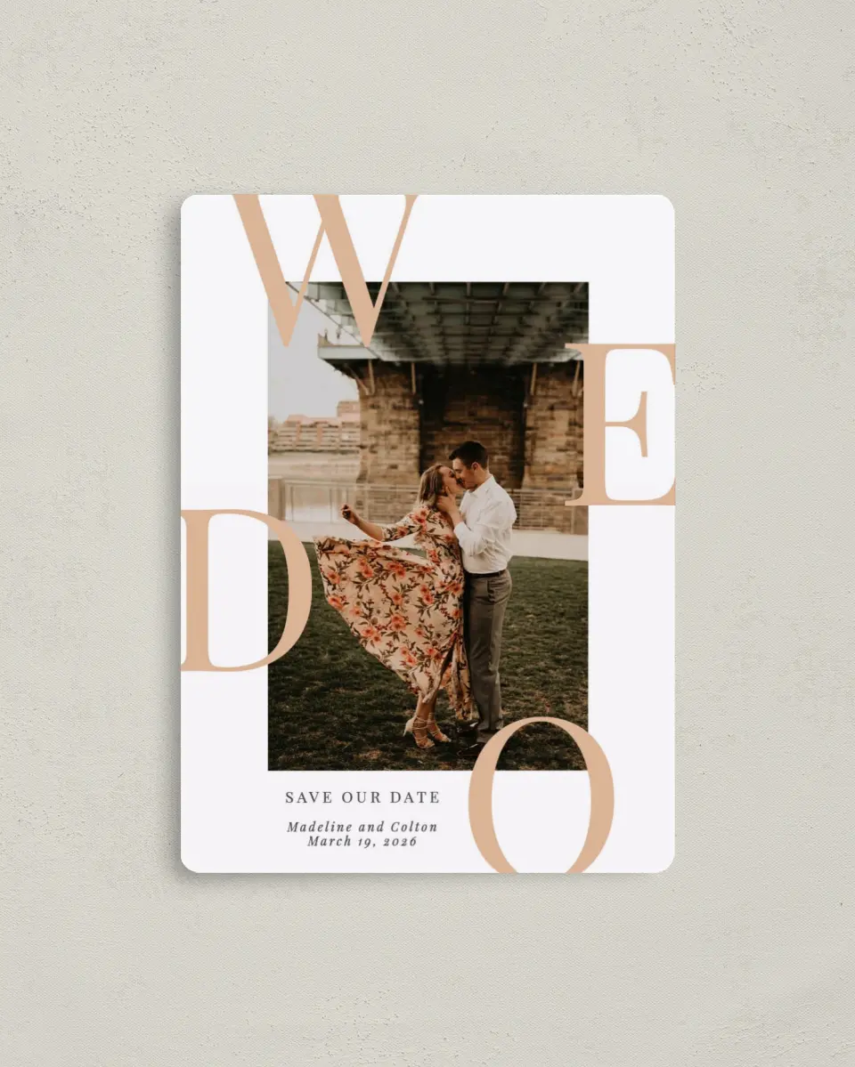 This is a 4" x 5½" Save the Date Magnet called Boldly We Do printed in full color with a Luxe Satin finish