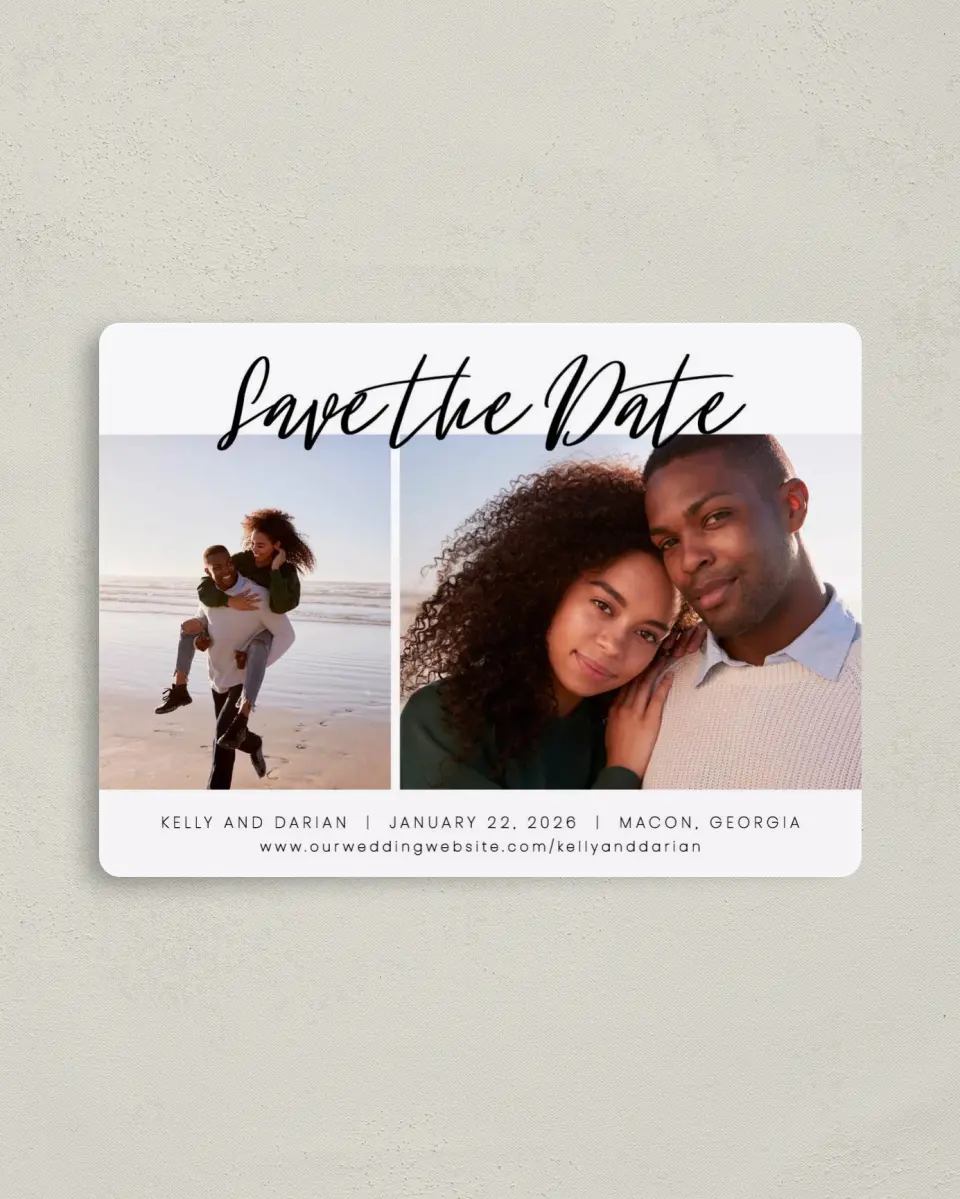 This is a 4" x 5½" Save the Date Magnet called Dreamy Duo printed in full color with a Luxe Satin finish