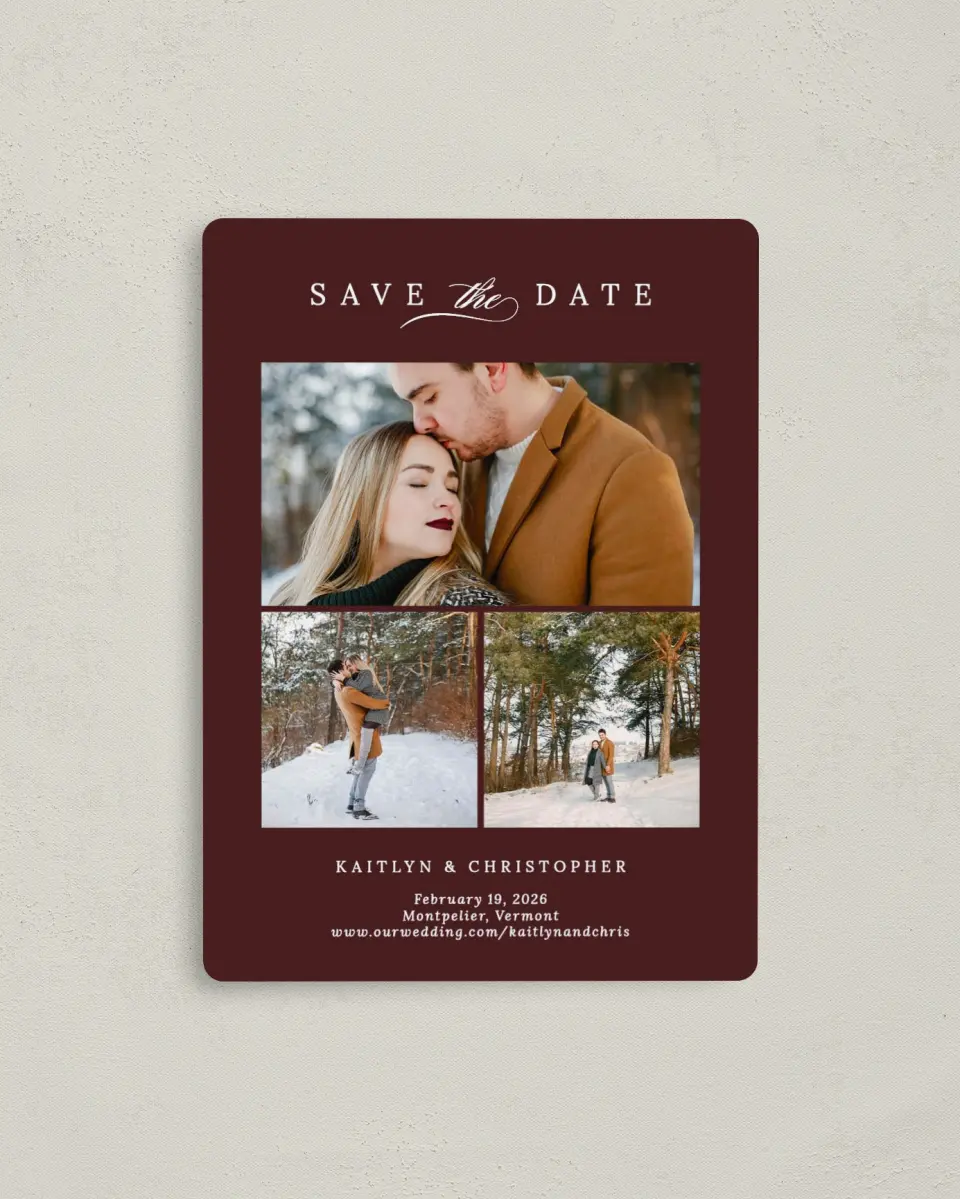 This is a 4" x 5½" Save the Date Magnet called Enchanted Bliss printed in full color with a Luxe Satin finish
