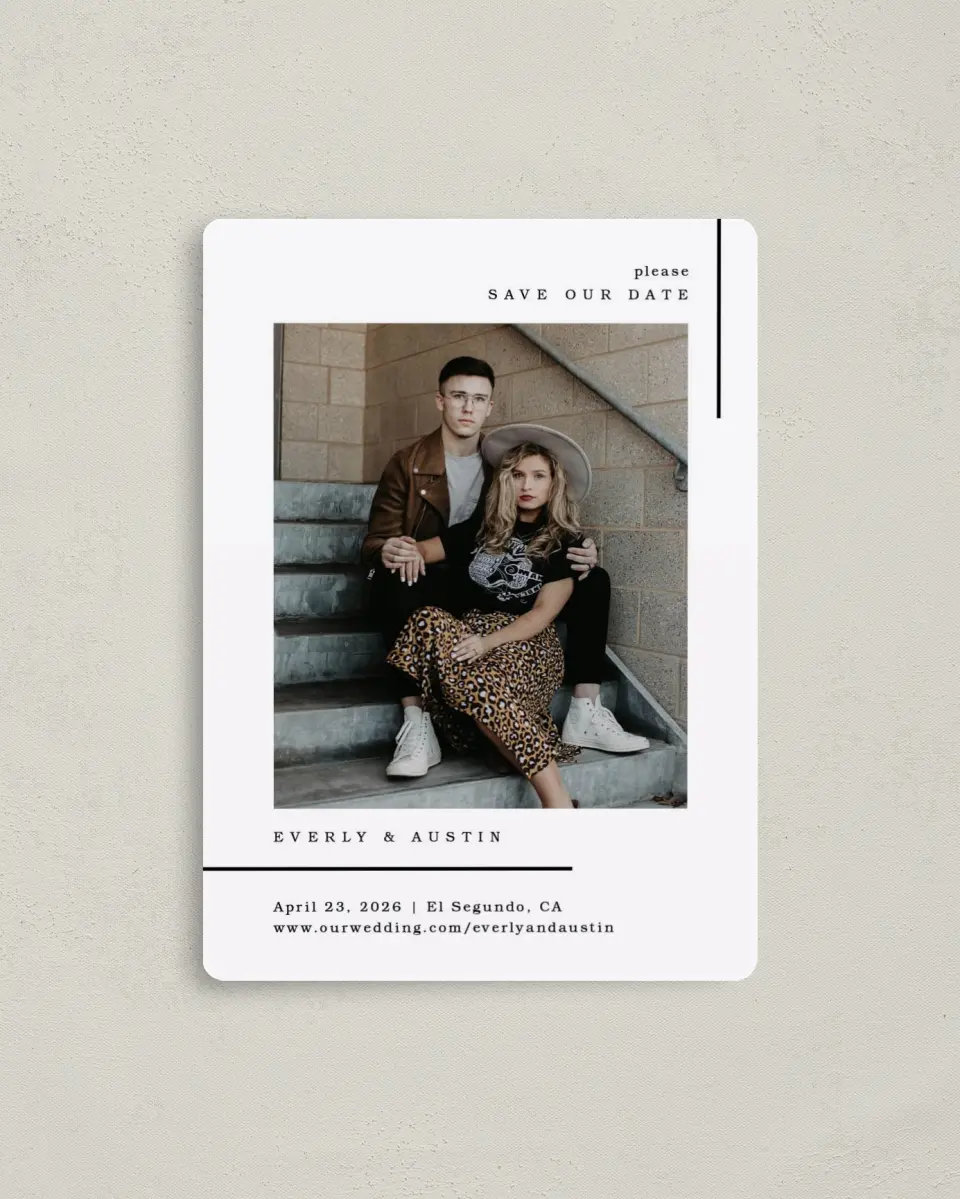 This is a 4" x 5½" Save the Date Magnet called Mod Lines printed in full color with a Luxe Satin finish
