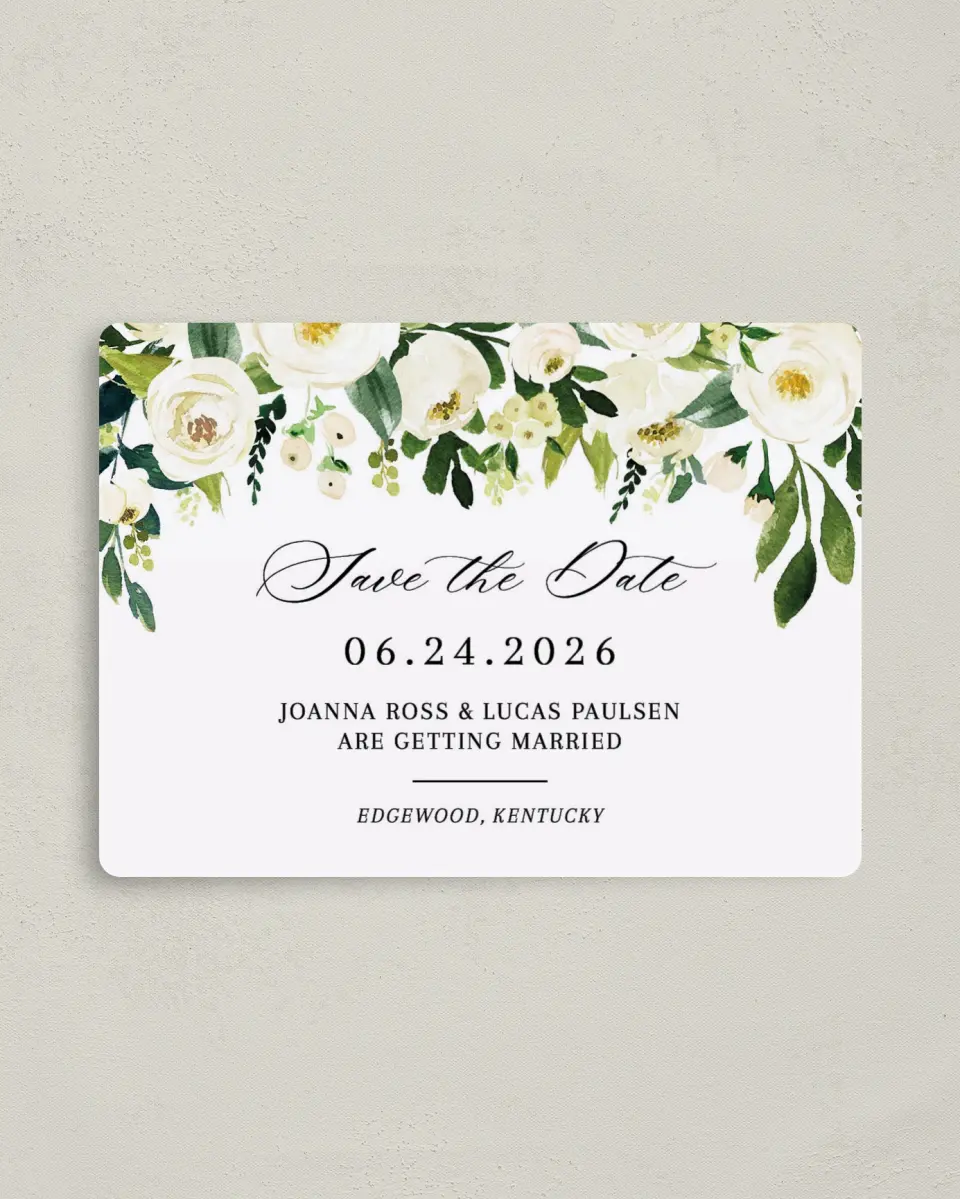 This is a 4" x 5½" Save the Date Magnet called Elegant Garden printed in full color with a Luxe Satin finish