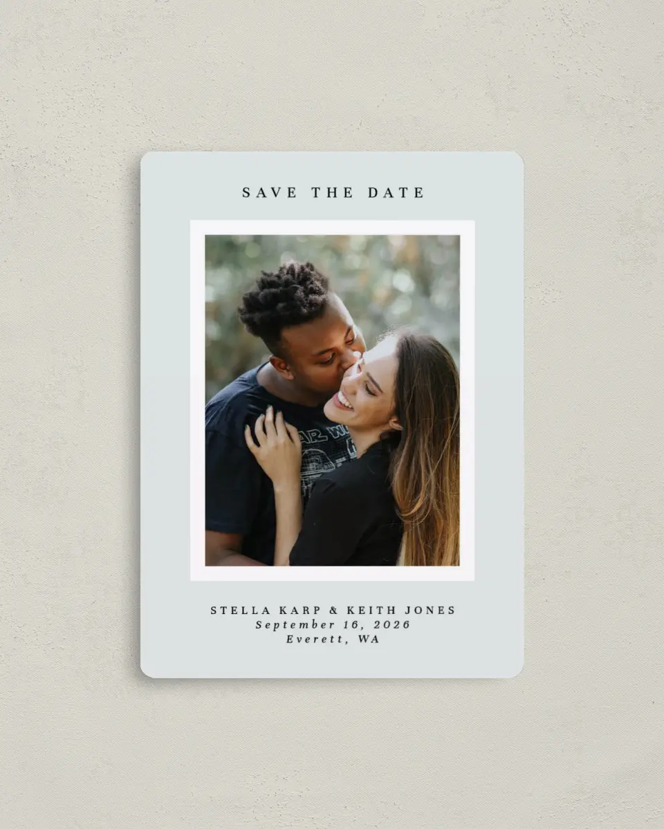 This is a 4" x 5½" Save the Date Magnet called Simple Portrait printed in full color with a Luxe Satin finish