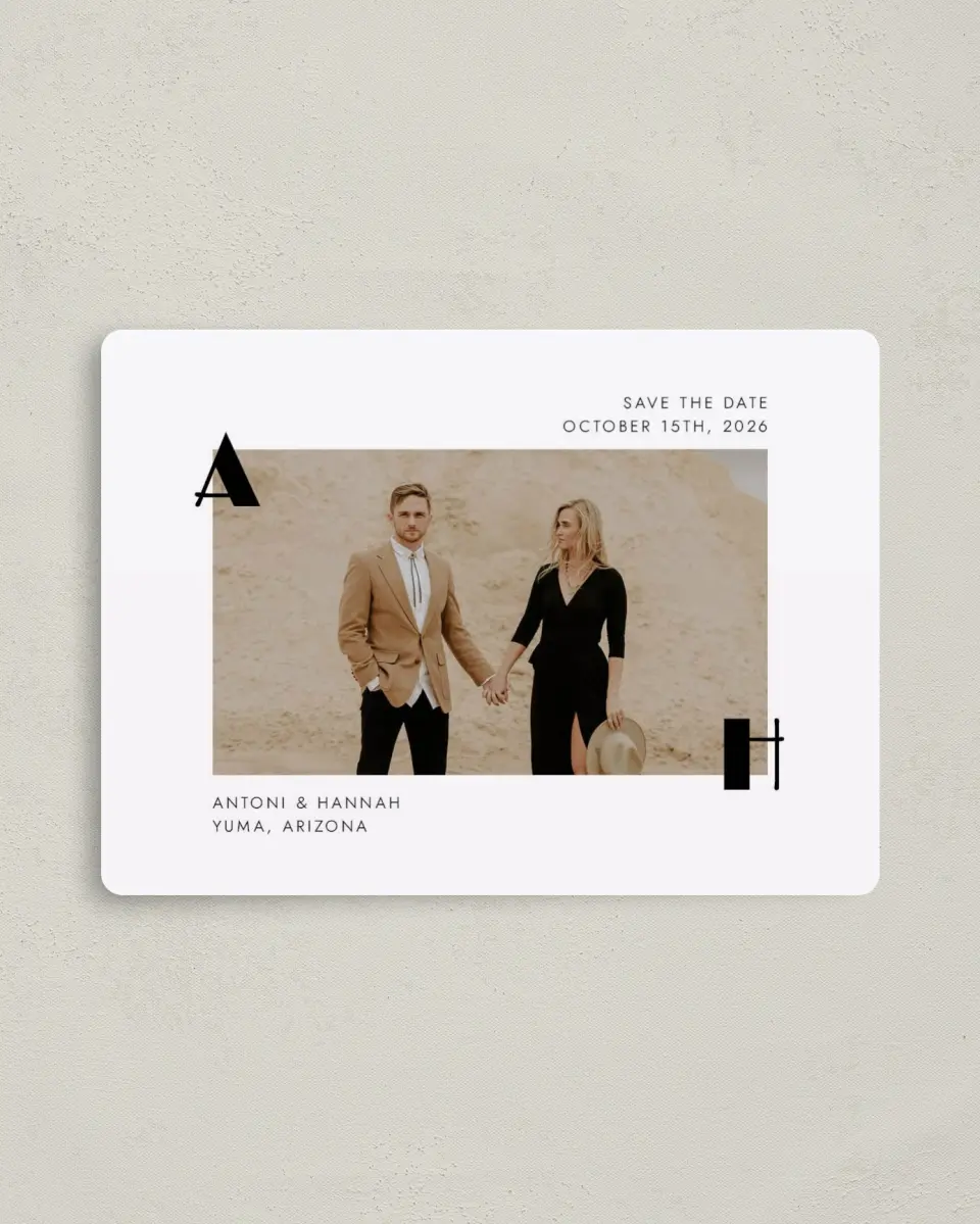 This is a 4" x 5½" Save the Date Magnet called Modern Initial printed in full color with a Luxe Satin finish