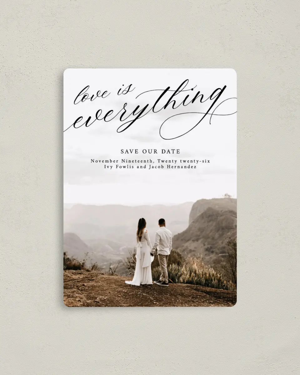 This is a 4" x 5½" Save the Date Magnet called Simple Portrait printed in full color with a Luxe Satin finish