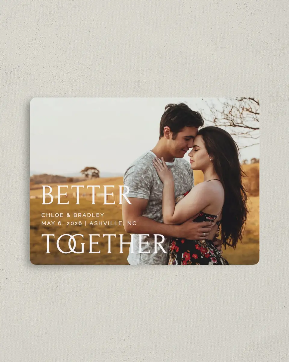 This is a 4" x 5½" Save the Date Magnet called Joined Together printed in full color with a Luxe Satin finish