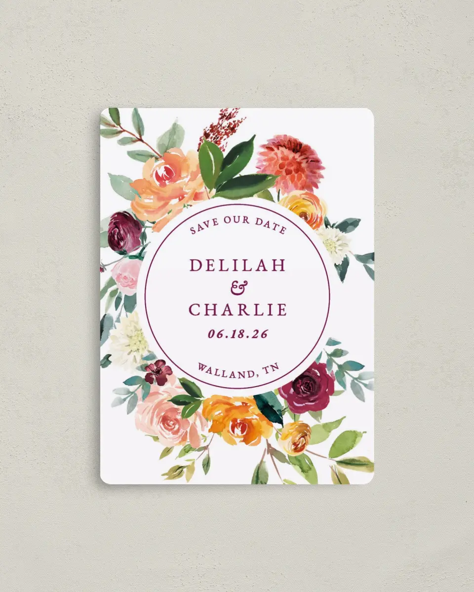 This is a 4" x 5½" Save the Date Magnet called Floral Ring printed in full color with a Luxe Satin finish