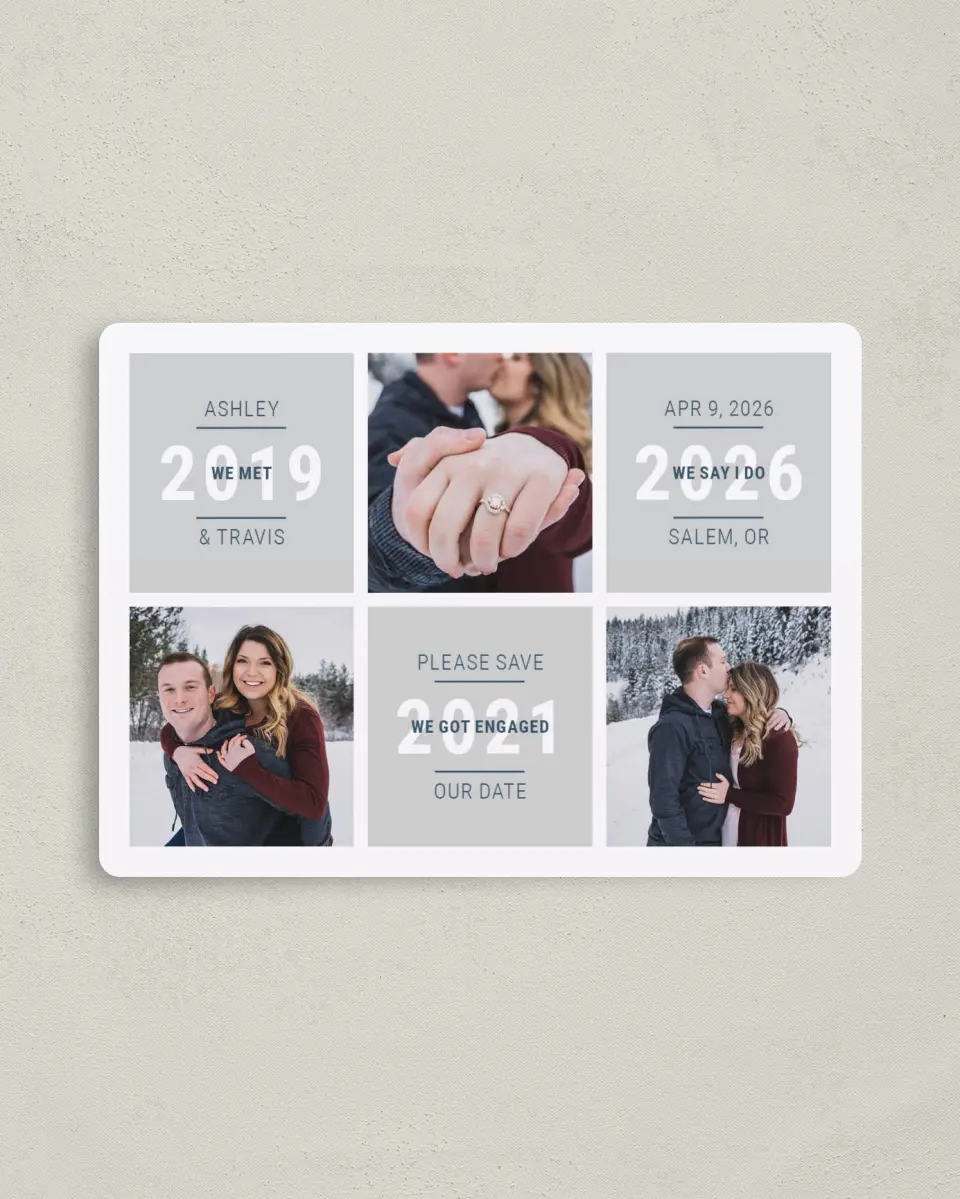 This is a 4" x 5½" Save the Date Magnet called Sweet Snapshots printed in full color with a Luxe Satin finish