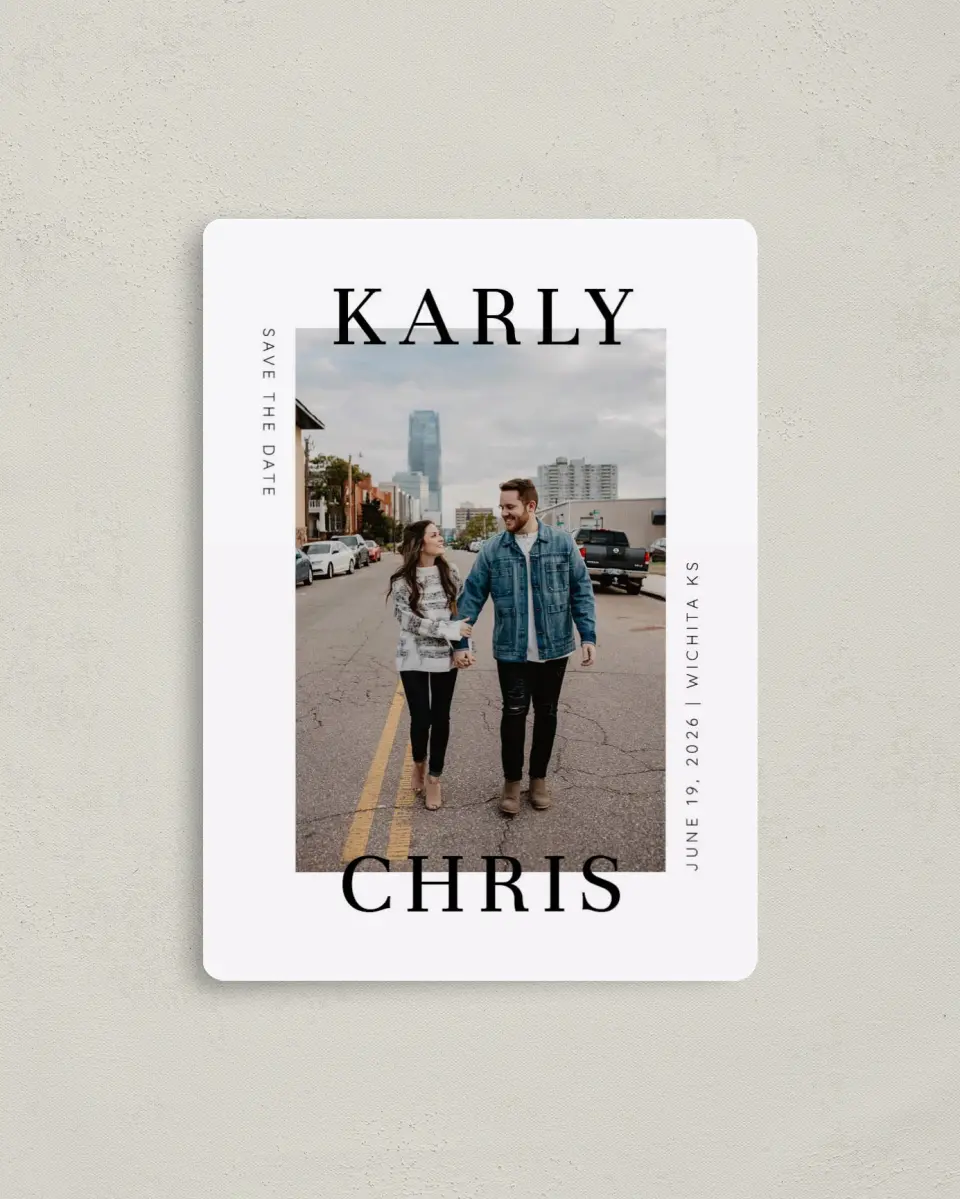This is a 4" x 5½" Save the Date Magnet called Modern Love Box printed in full color with a Luxe Satin finish