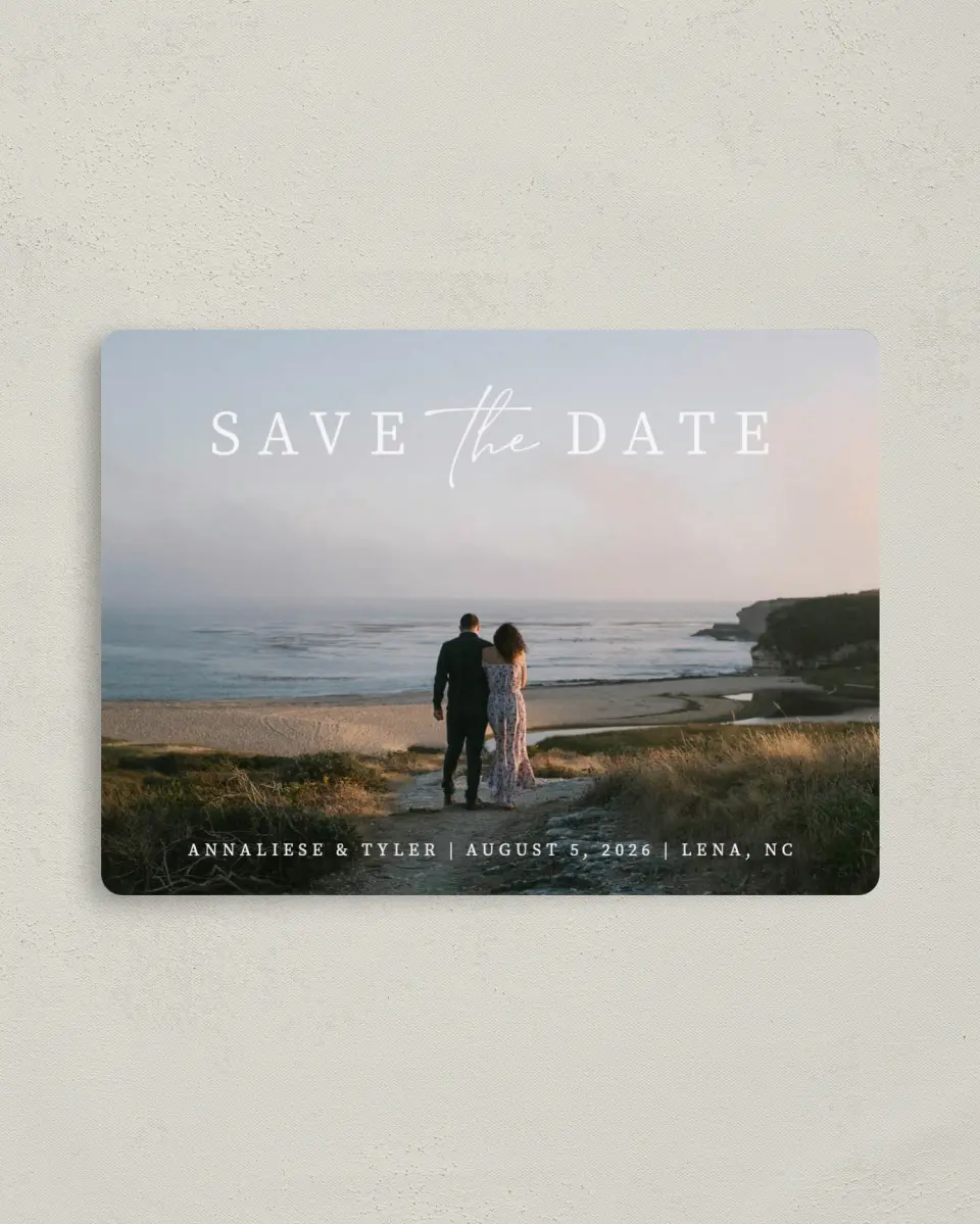 This is a 4" x 5½" Save the Date Magnet called Simply Swooning printed in full color with a Luxe Satin finish