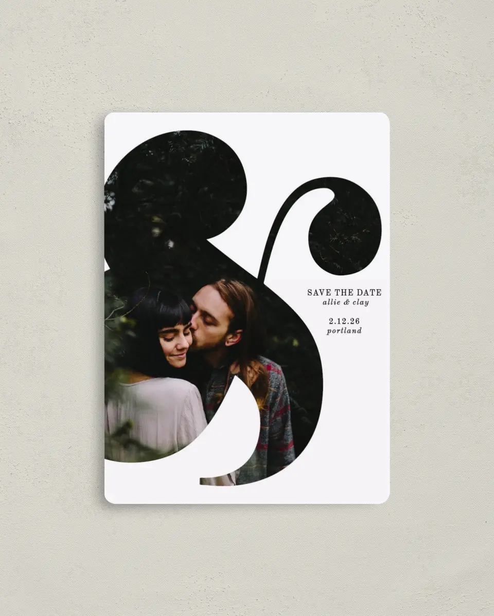 This is a 4" x 5½" Save the Date Magnet called Bold Ampersand printed in full color with a Luxe Satin finish