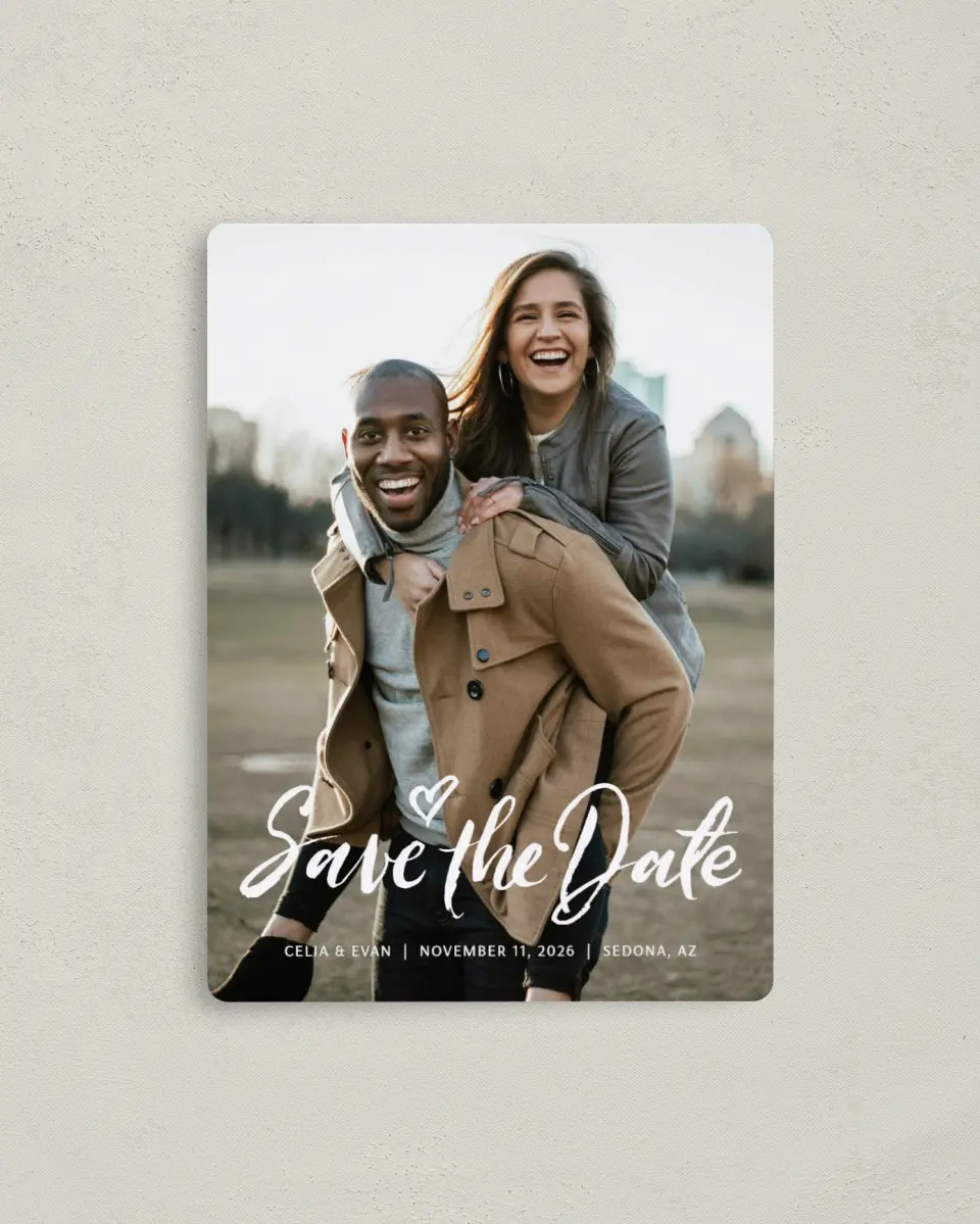 This is a 4" x 5½" Save the Date Magnet called Celebrate Love printed in full color with a Luxe Satin finish