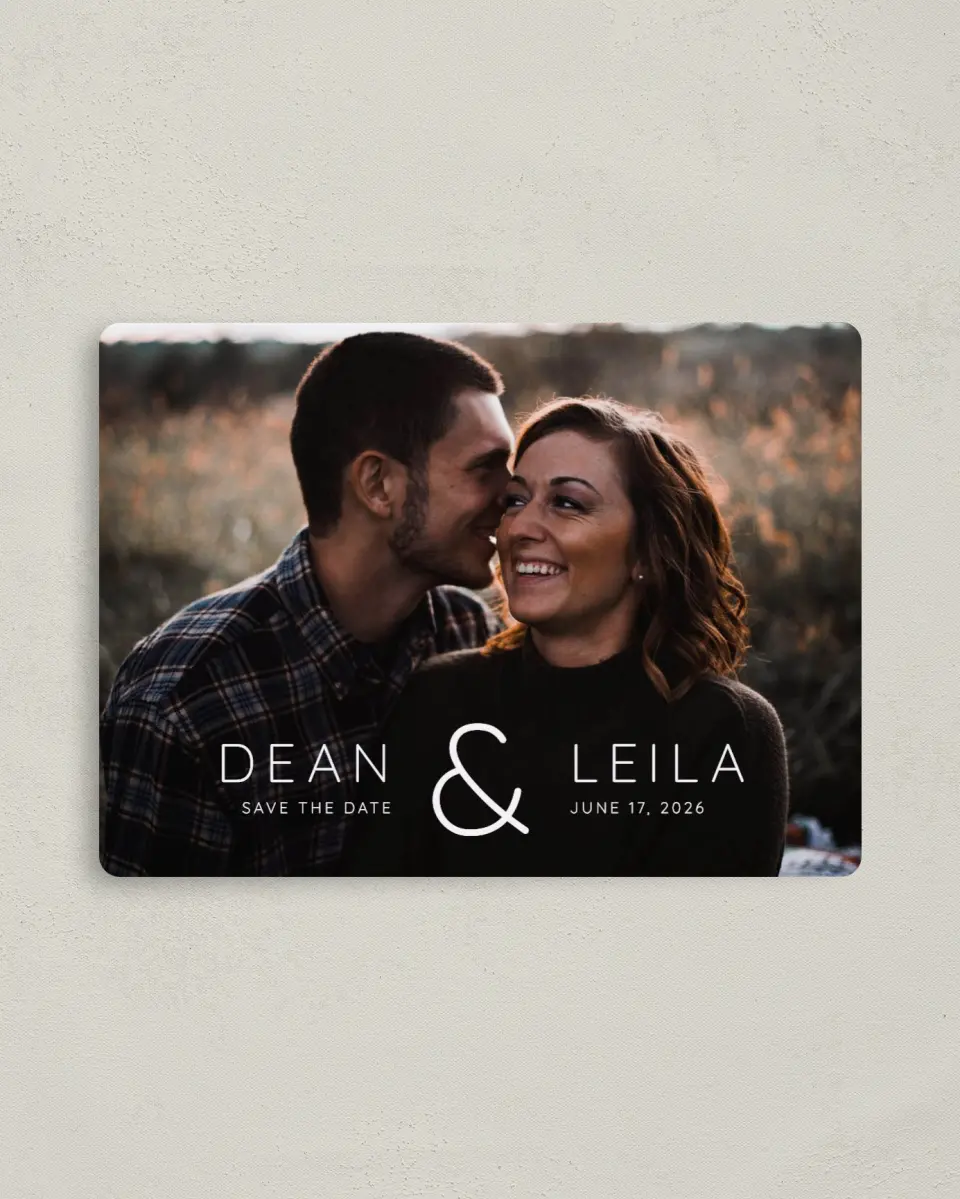This is a 4" x 5½" Save the Date Magnet called Connected printed in full color with Rose Gold foil and a Luxe Satin finish