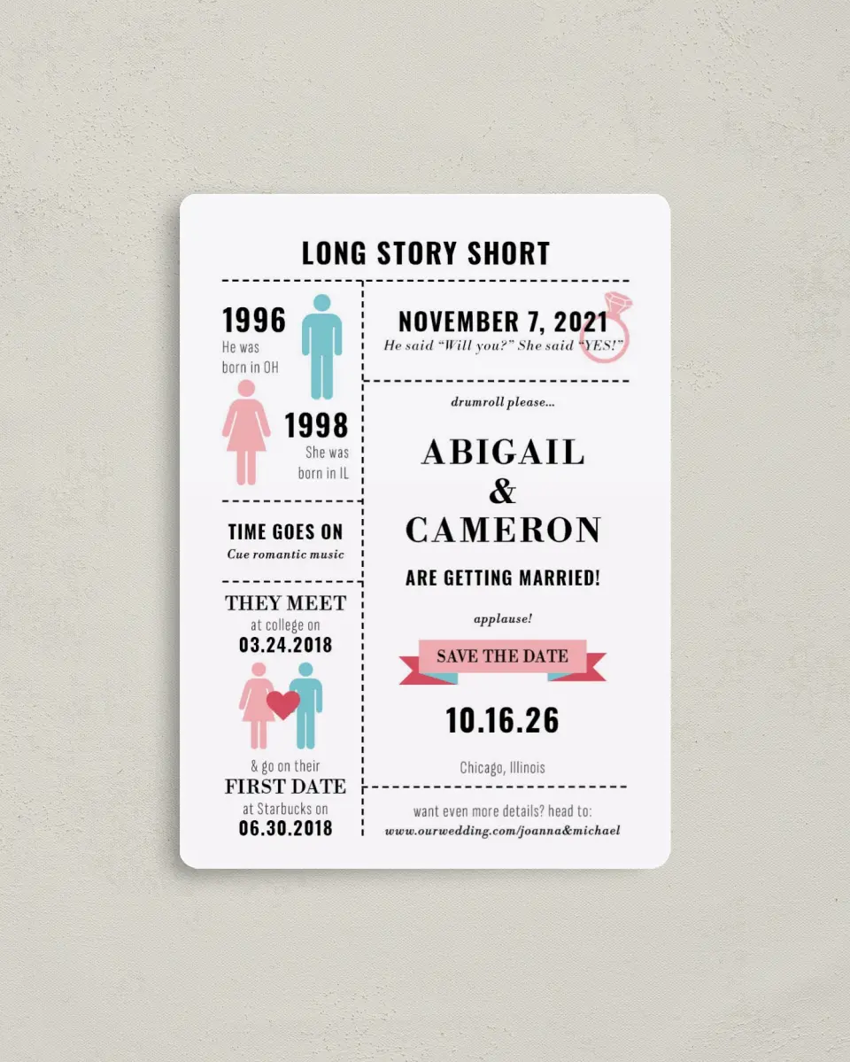 This is a 4" x 5½" Save the Date Magnet called Our Story printed in full color with Rose Gold foil and a Luxe Satin finish