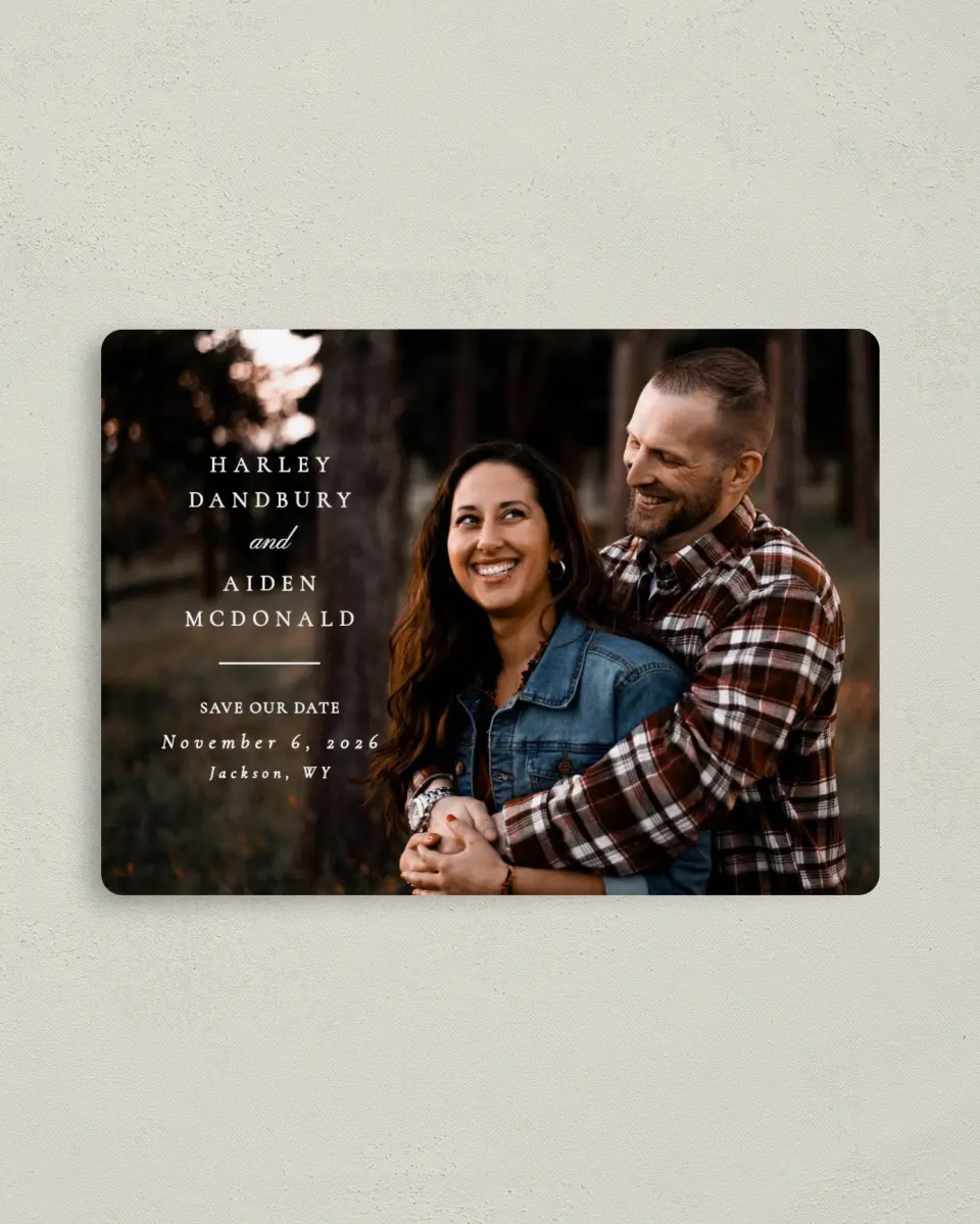 This is a 4" x 5½" Save the Date Magnet called Grounded in Love printed in full color with a Luxe Satin finish