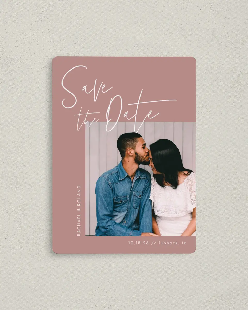 This is a 4" x 5½" Save the Date Magnet called Stylish Script printed in full color with a Luxe Satin finish