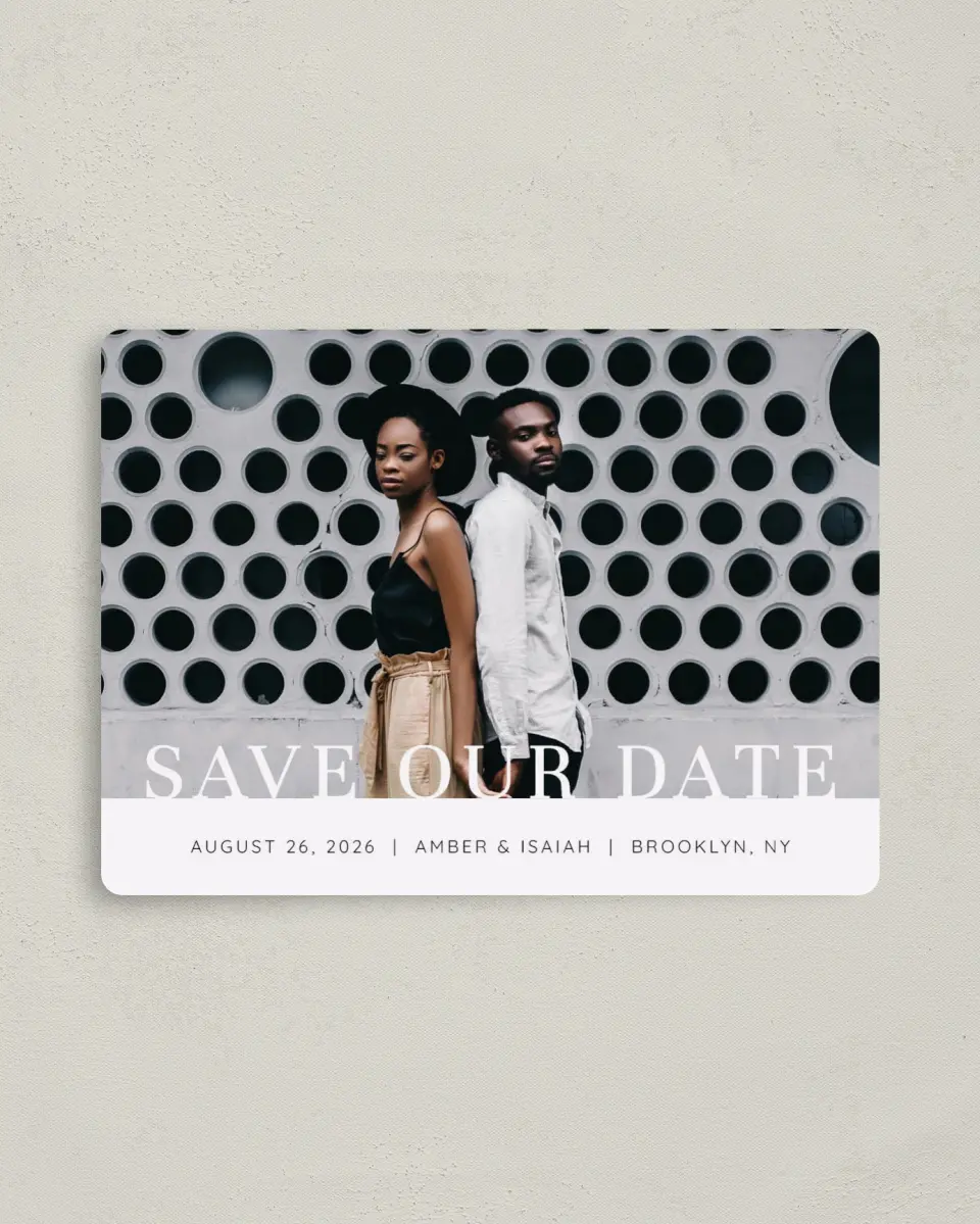 This is a 4" x 5½" Save the Date Magnet called Meant to Be printed in full color with a Luxe Satin finish