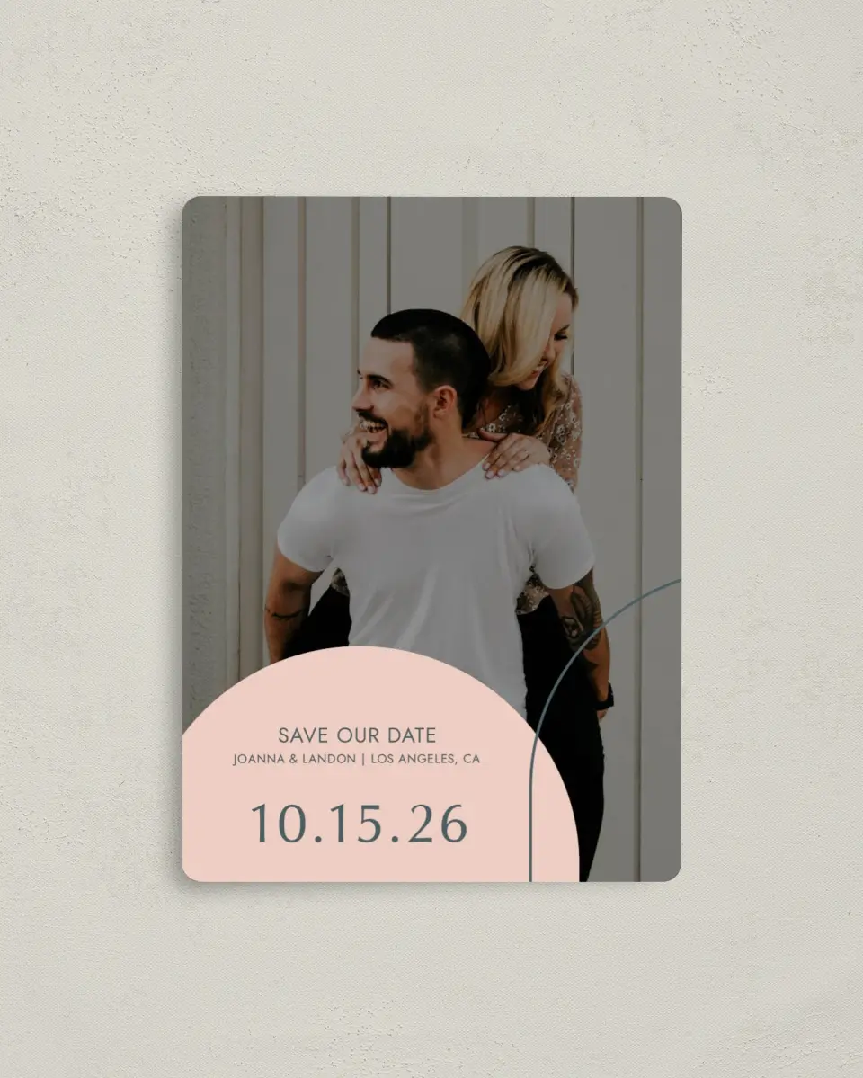 This is a 4" x 5½" Save the Date Magnet called Mod Shapes printed in full color with a Luxe Satin finish