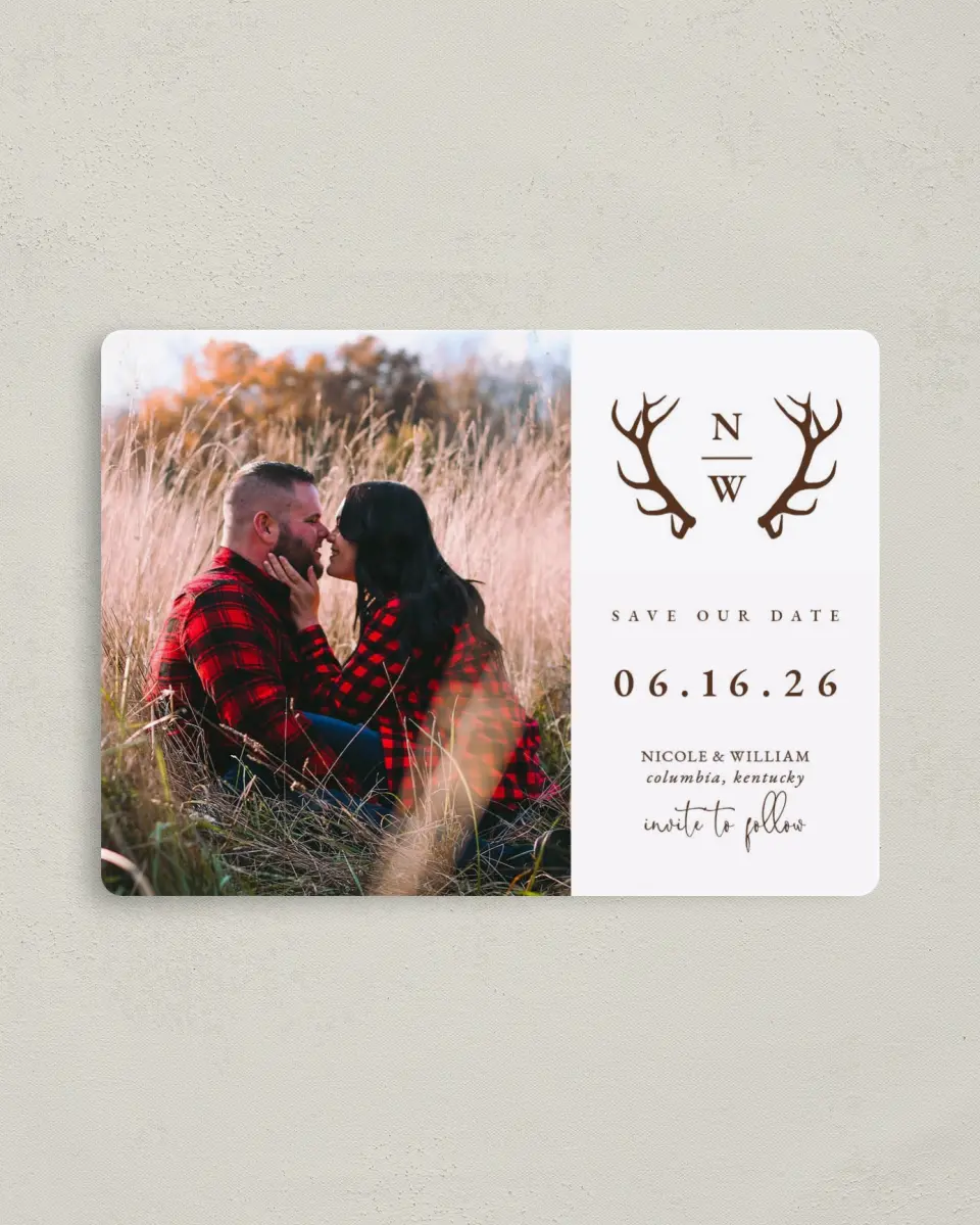 This is a 4" x 5½" Save the Date Magnet called Rustic Antler printed in full color with a Luxe Satin finish