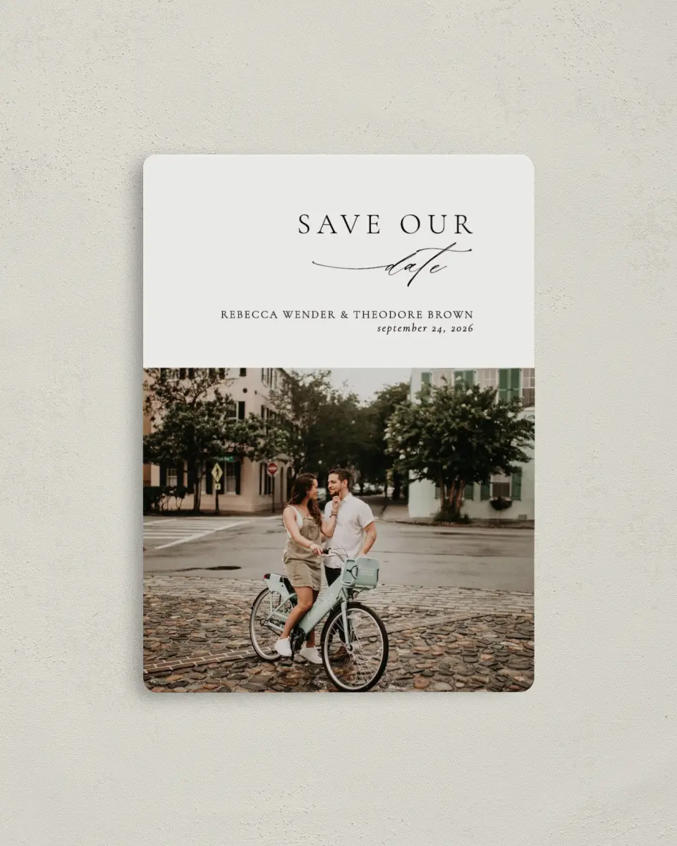 This is a 4" x 5½" Save the Date Magnet called Simply Elegant printed in full color with a Luxe Satin finish