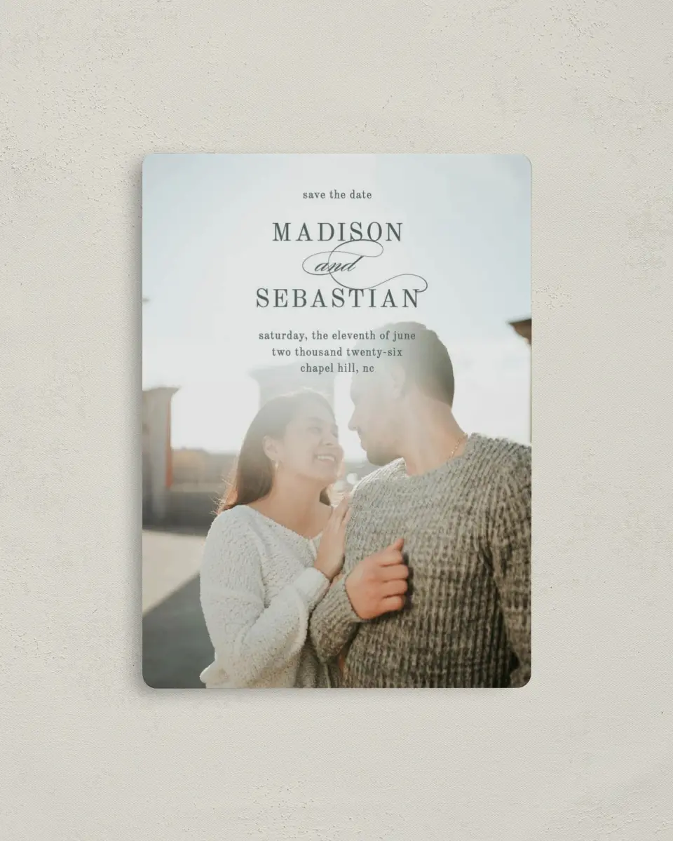 This is a 4" x 5½" Save the Date Magnet called Bold Blooms printed in full color with a Luxe Satin finish