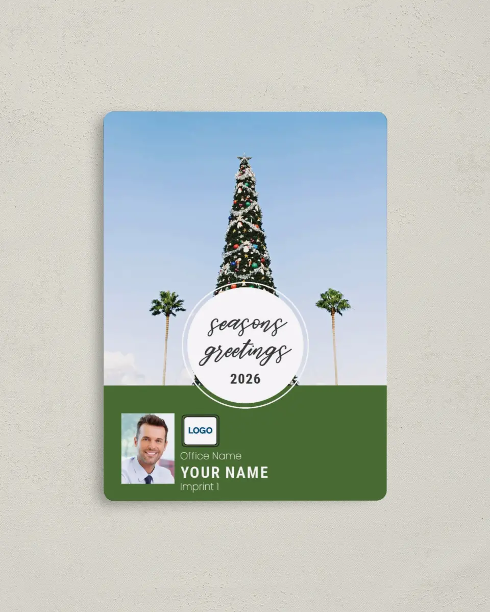 This is a 4" x 5½" Christmas Card called Destination: Beach printed in full color with a Luxe Satin finish