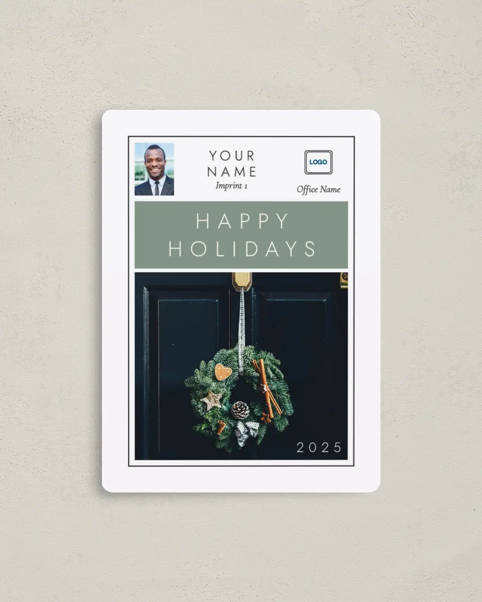 This is a 4" x 5½" Christmas Card called Curbside Enhancements printed in full color with a Luxe Satin finish