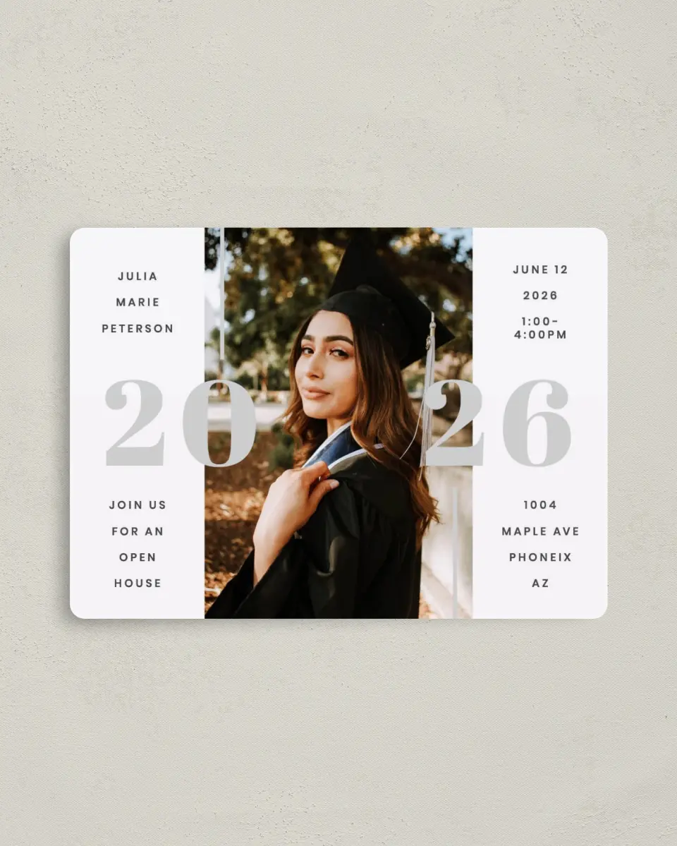 This is a 4" x 5½" Graduation Announcement Magnet called Expansive Year printed in full color with a Luxe Satin finish