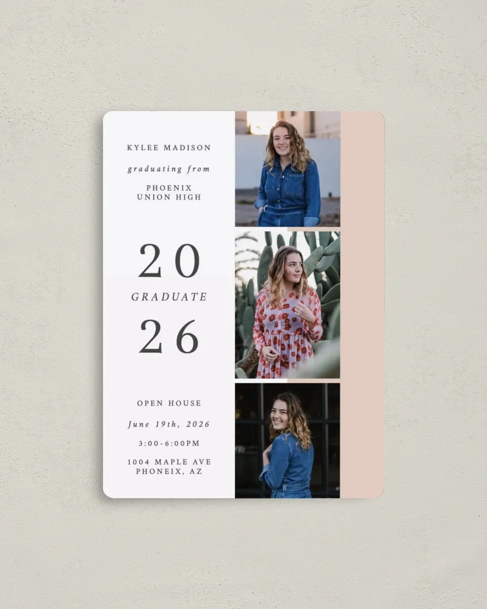 This is a 4" x 5½" Graduation Announcement Magnet called Stacked Grad printed in full color with a Luxe Satin finish