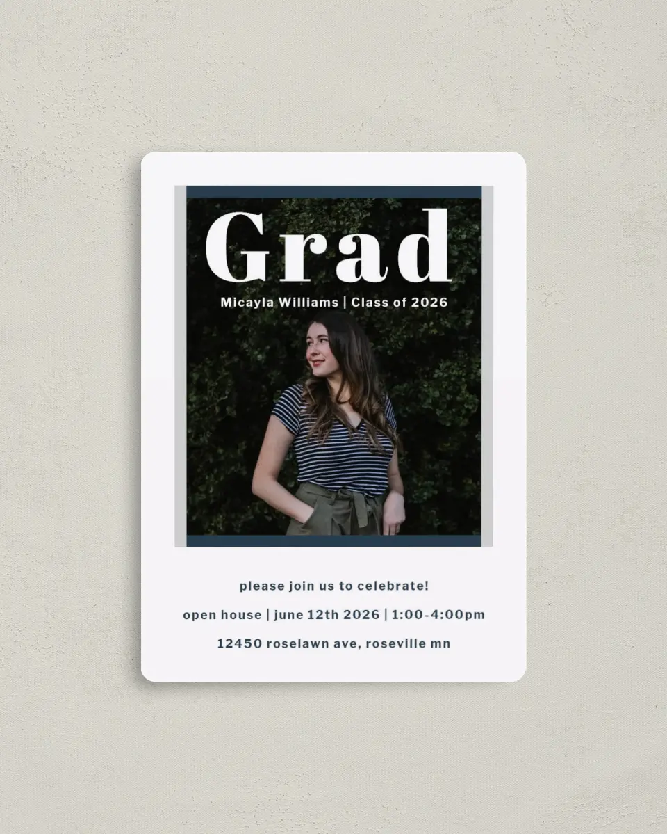 This is a 4" x 5½" Graduation Announcement Magnet called Huge Deal printed in full color with a Luxe Satin finish