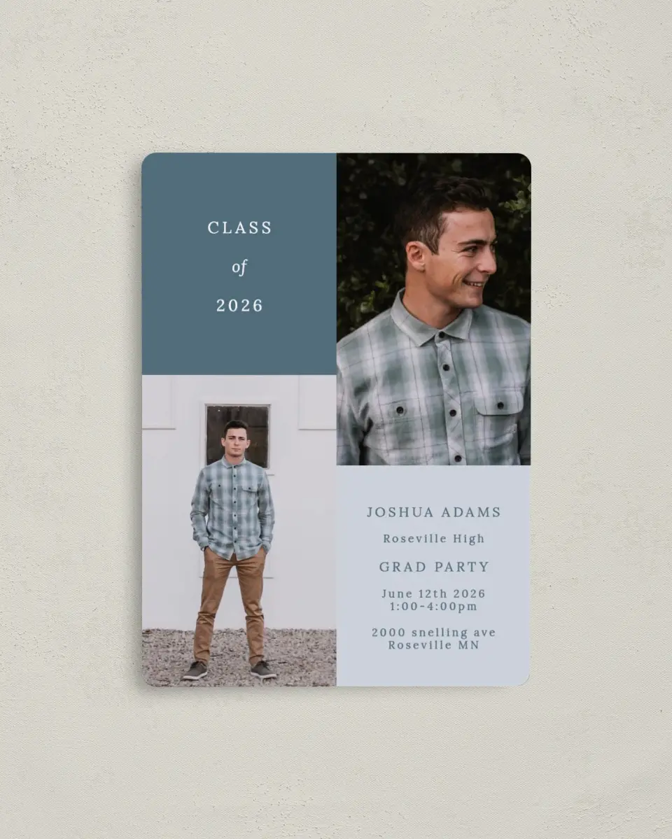 This is a 4" x 5½" Graduation Announcement Magnet called Quiet Quad printed in full color with Gold foil and a Luxe Satin finish