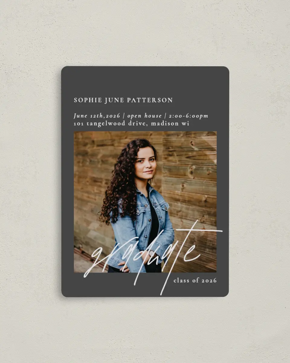 This is a 4" x 5½" Graduation Announcement Magnet called Featured Graduate printed in full color with a Luxe Satin finish
