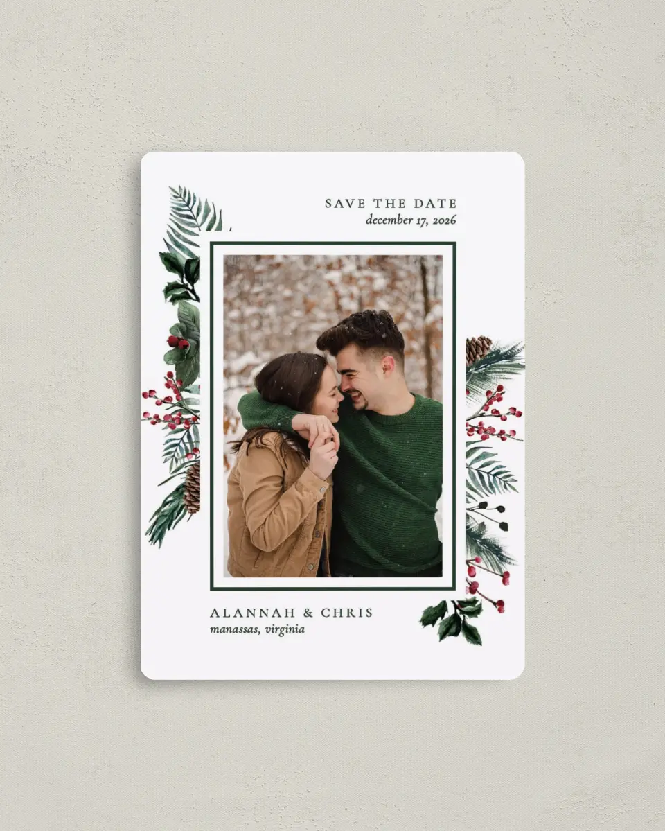 This is a 4" x 5½" Save the Date Magnet called Festive Celebration printed in full color with a Luxe Satin finish