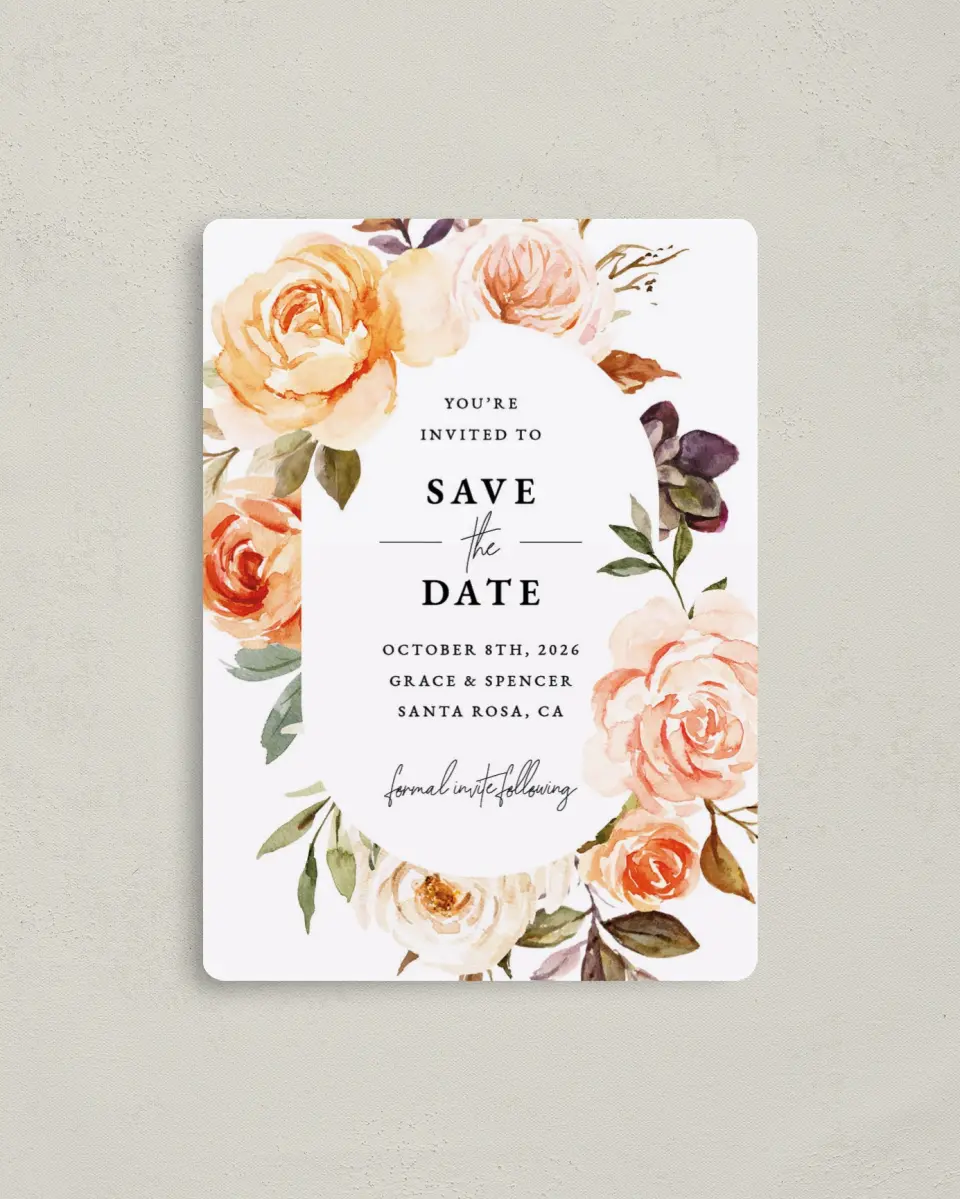 This is a 4" x 5½" Save the Date Magnet called Romantic Garden printed in full color with a Luxe Satin finish