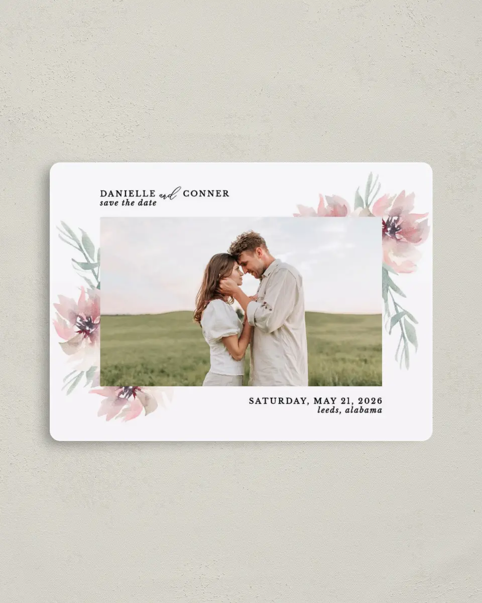 This is a 4" x 5½" Save the Date Magnet called Soft Florals printed in full color with a Luxe Satin finish