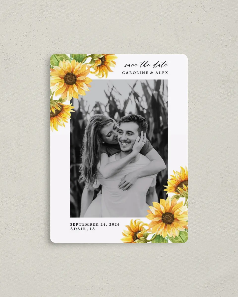 This is a 4" x 5½" Save the Date Magnet called Sunflower Bliss printed in full color with a Luxe Satin finish