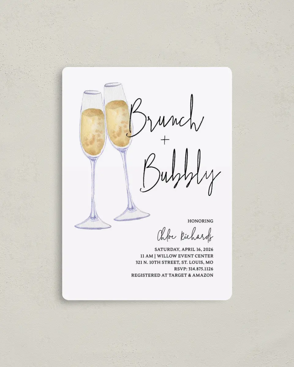 This is a 4" x 5½" Bridal Shower Invitation Magnet called Brunch & Bubbly printed in full color with a Luxe Satin finish