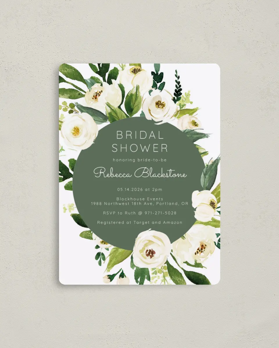 This is a 4" x 5½" Bridal Shower Invitation Magnet called Bridal Blooms printed in full color with a Luxe Satin finish