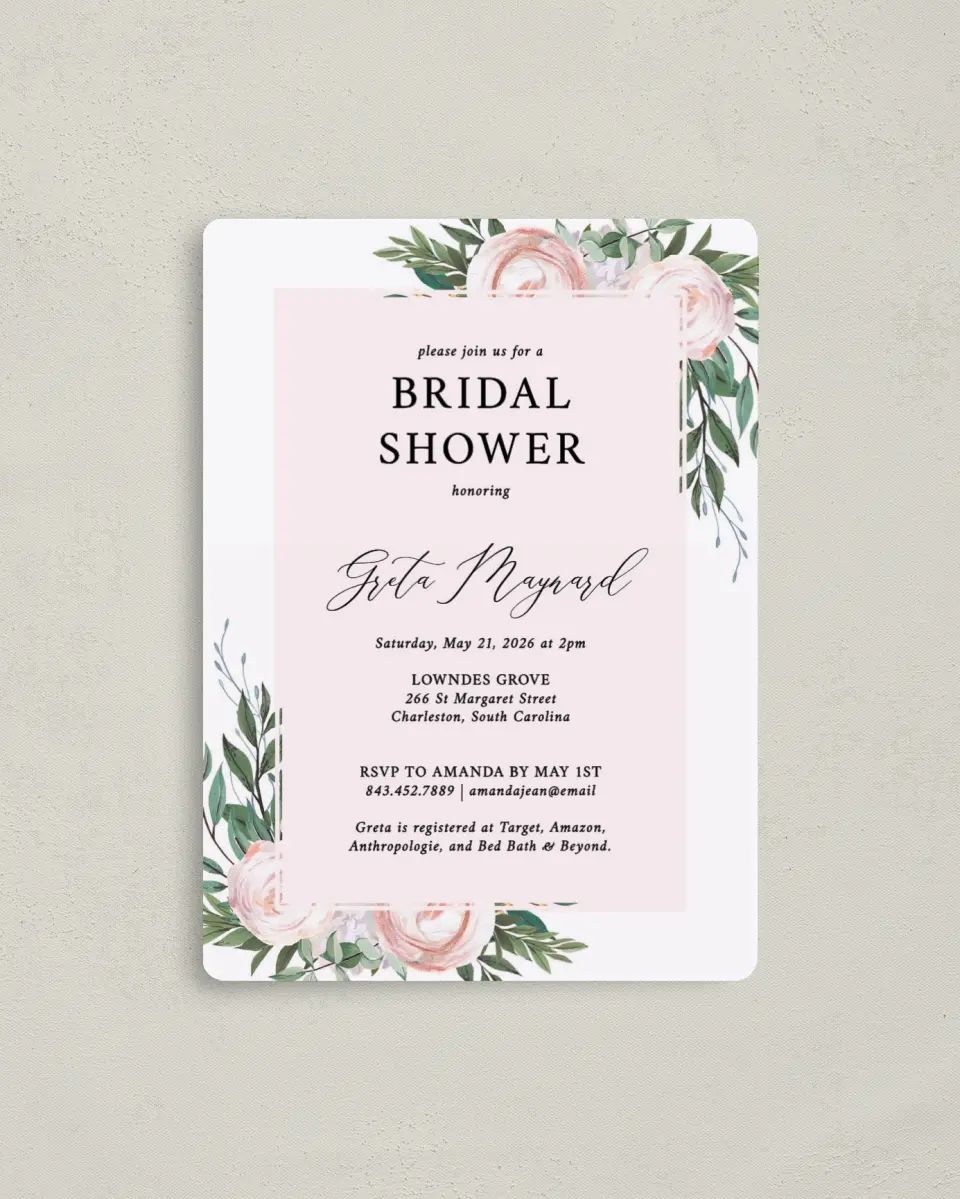 This is a 4" x 5½" Bridal Shower Invitation Magnet called Gouache Roses printed in full color with a Luxe Satin finish