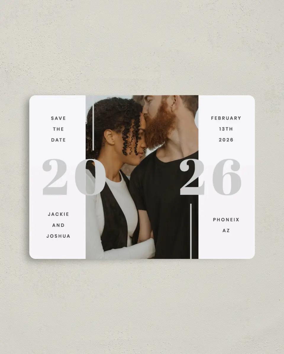 This is a 4" x 5½" Save the Date Magnet called Expansive Love printed in full color with a Luxe Satin finish