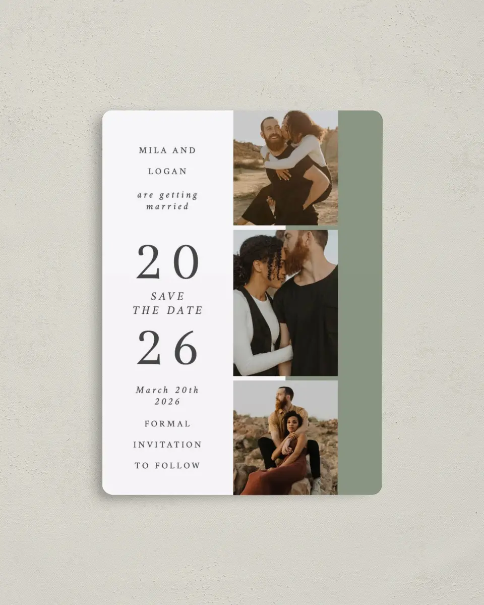 This is a 4" x 5½" Save the Date Magnet called Stacked Hearts printed in full color with a Luxe Satin finish