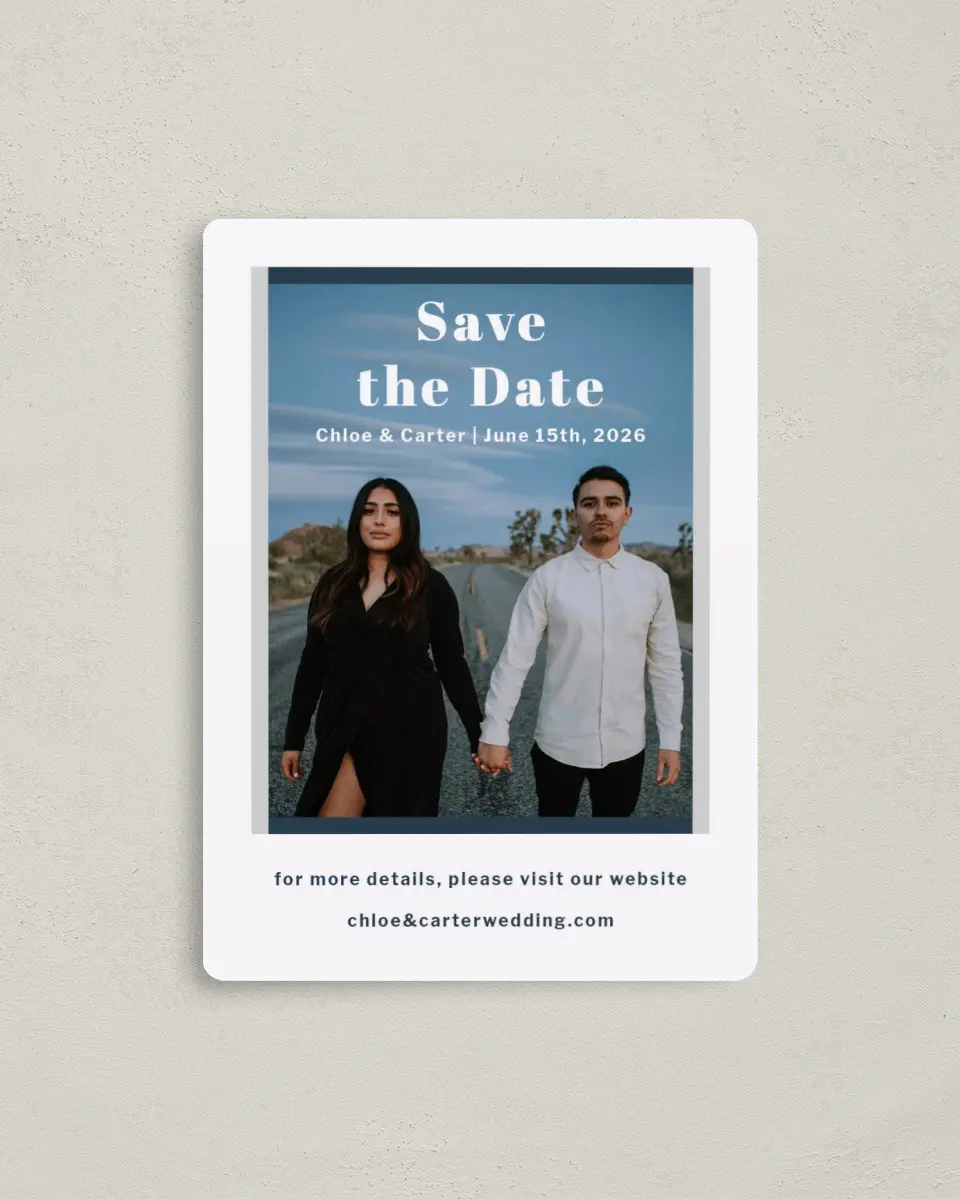 This is a 4" x 5½" Save the Date Magnet called Huge Love printed in full color with a Luxe Satin finish