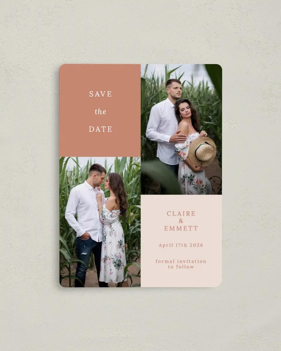 This is a 4" x 5½" Save the Date Magnet called Quaint Quad printed in full color with a Luxe Satin finish