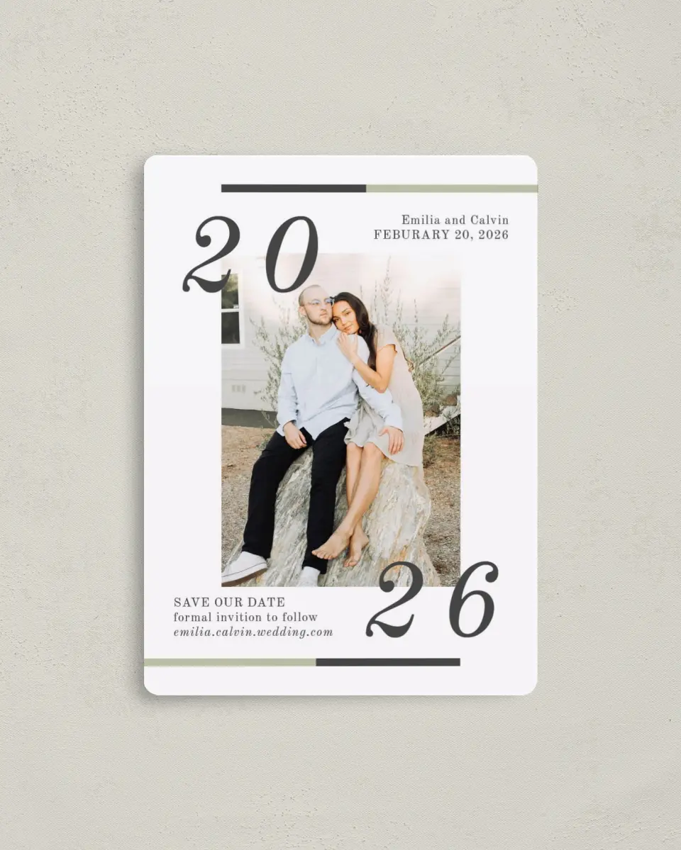 This is a 4" x 5½" Save the Date Magnet called Bridal Bar printed in full color with a Luxe Satin finish