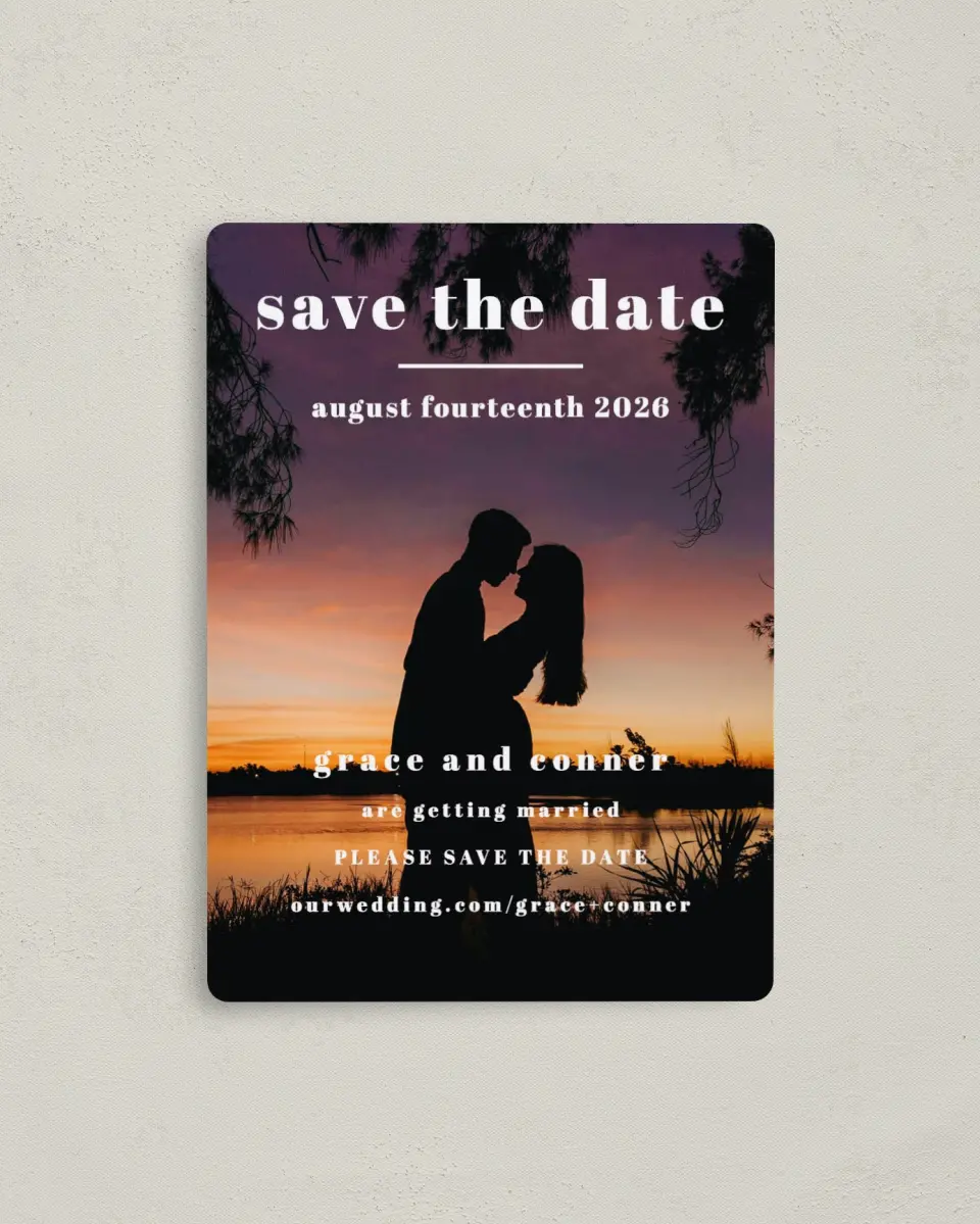 This is a 4" x 5½" Save the Date Magnet called Lovely Occasion printed in full color with a Luxe Satin finish