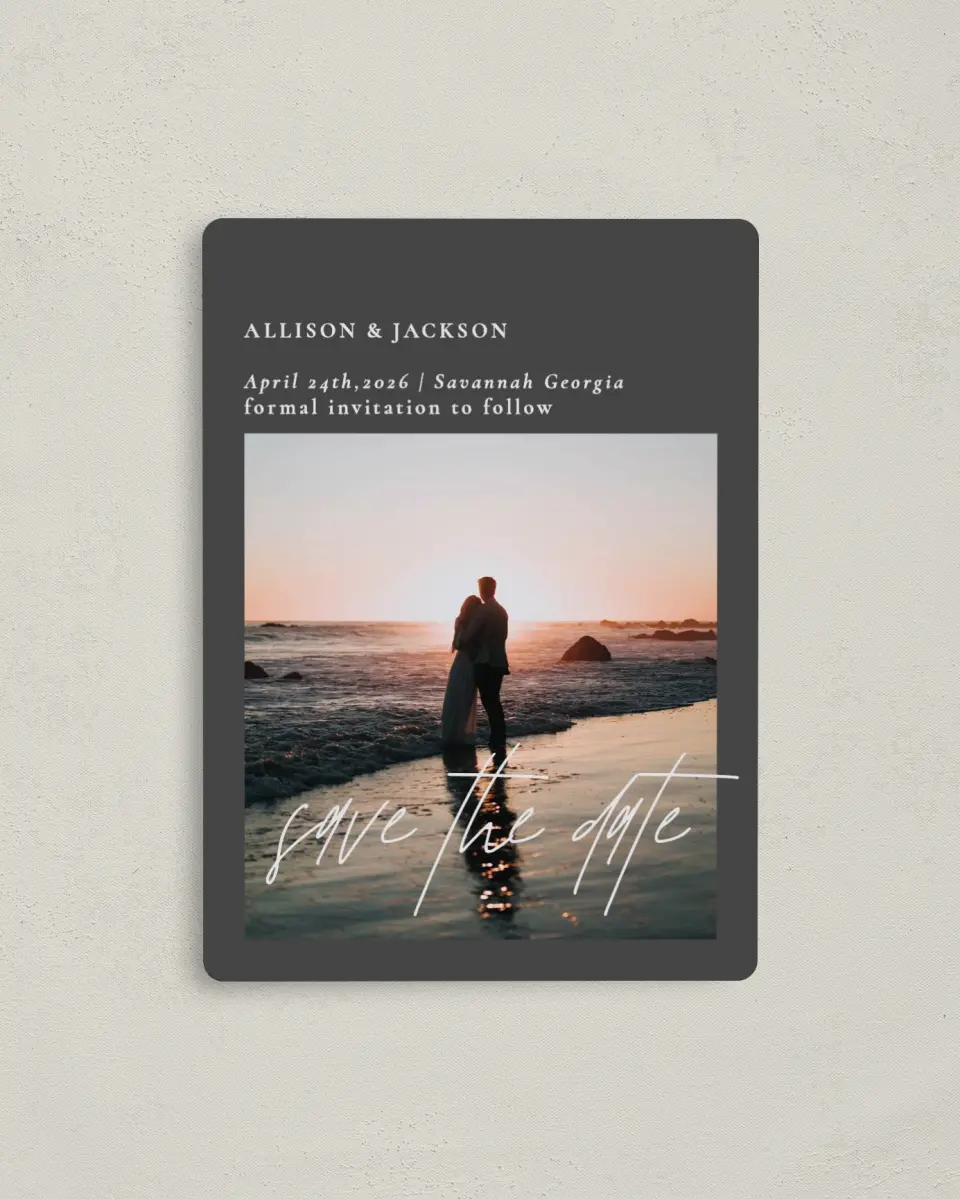 This is a 4" x 5½" Save the Date Magnet called Featured Beloved printed in full color with a Luxe Satin finish